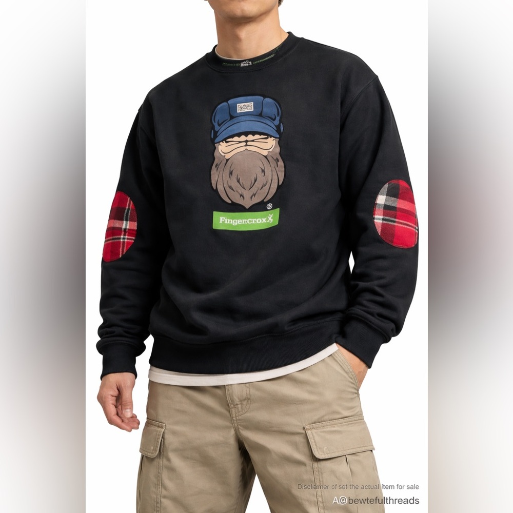 XL FingerCroxx Black Graphic Streetwear Crewneck Plaid Elbow Patches